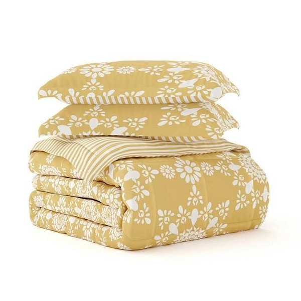 Full/Queen size 3-Piece Yellow White Reversible Floral Striped Comforter Set Q280-FQYE4599