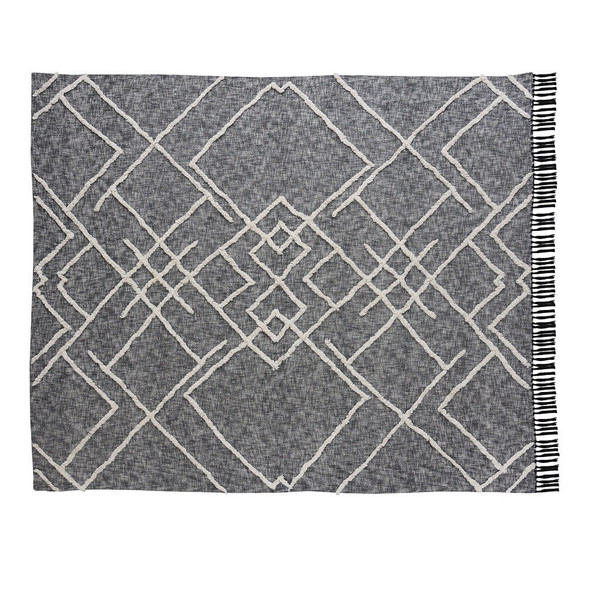 Charcoal and Off White Geometric Queen Cotton Coverlet With Fringe N270-548242