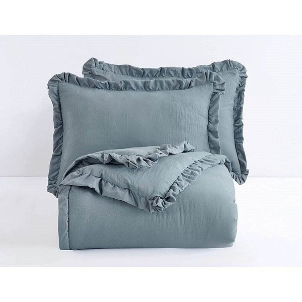 Full Size Blue Stone Washed Ruffled Edge Microfiber 3-Piece Comforter Set Q280-AQFU5699