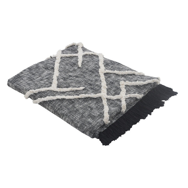 Charcoal and Off White Geometric King Cotton Coverlet With Fringe N270-548243