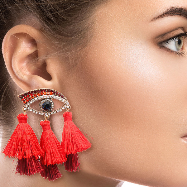 Red Evil Eye Tassel Earrings T226-9485741392191