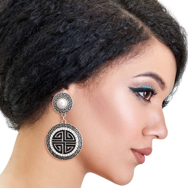 Silver Black Round Greek Key Charm Earrings T226-9485711704383