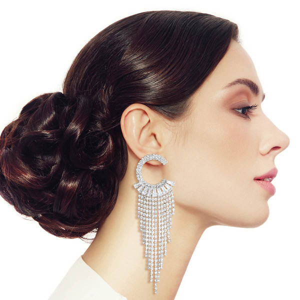 Silver C Cubic Zirconia Fringe Earrings T226-9485713867071