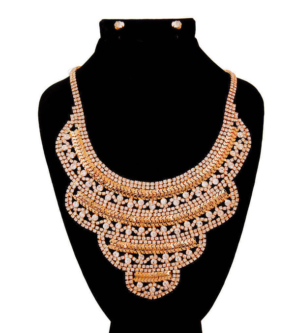 Gold and Rhinestone Layered Bib Necklace Set T226-9485938655551