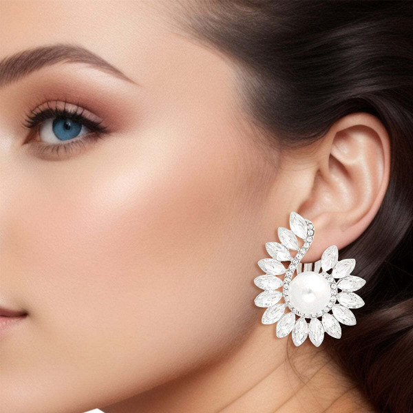 Clip On Medium Silver Hook Pearl Earring for Women T226-9485365805375