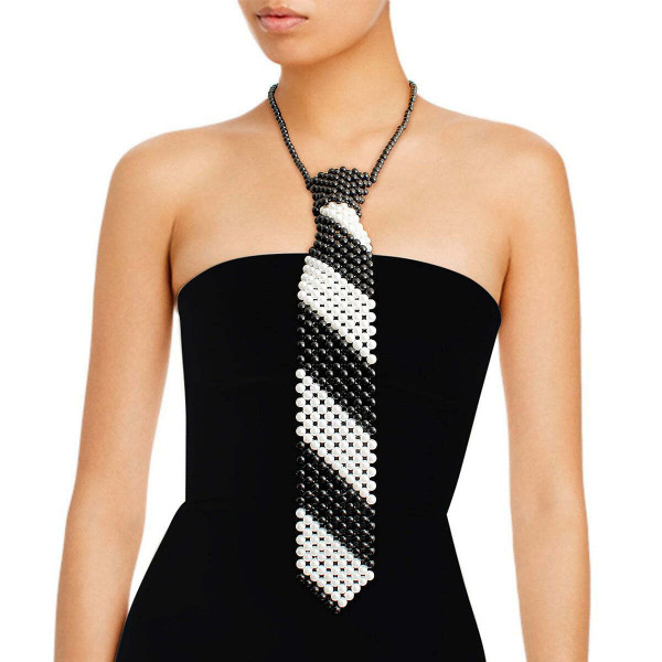 Black White Pearl Stripe Tie Choker T226-9485274251583