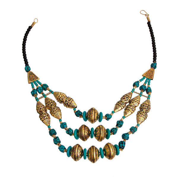 Teal Stone Engraved Gold Necklace T226-9485826523455