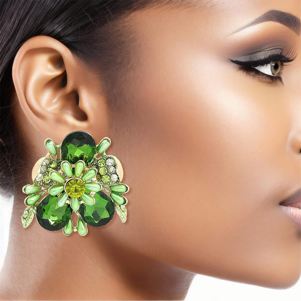 Clip On Green Flower Bloom Earrings for Women T226-9485303087423