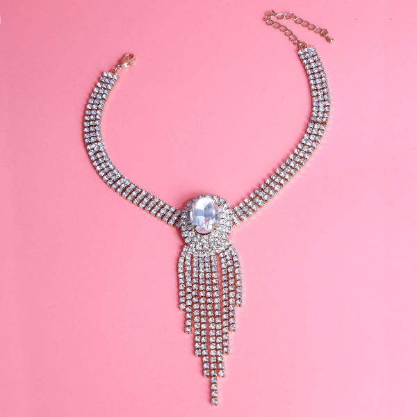 Gold Frame Fringe Rhinestone Choker T226-9485658423615