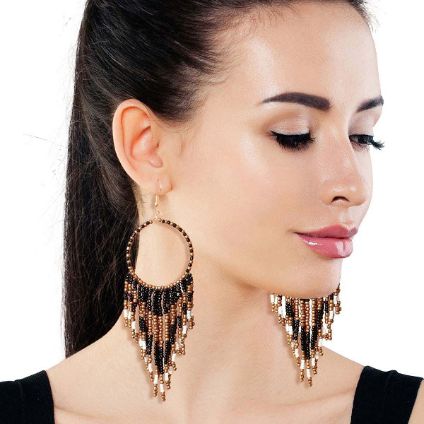 Black and Gold Bead Fringe Circle Earrings T226-9485654688063