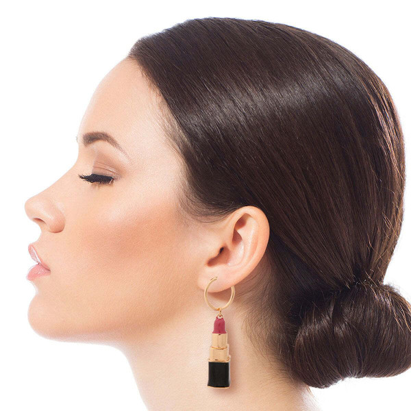 Pink Lipstick Charm Hoops T226-9485861880127