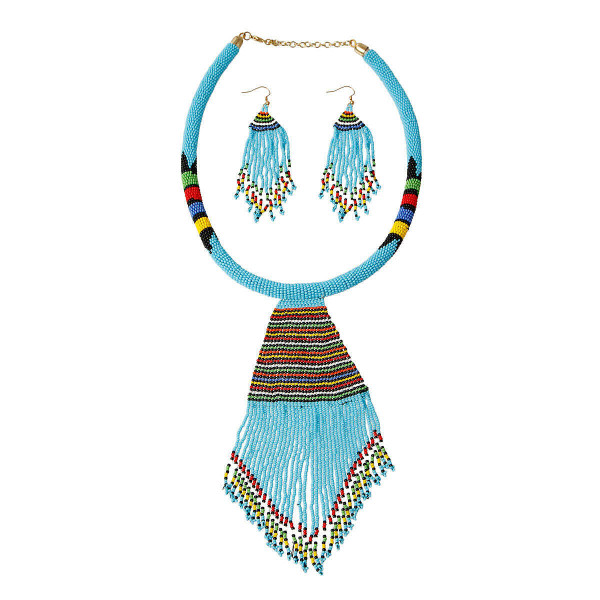 Blue Bead Tassel Necklace Set T226-9485929775423
