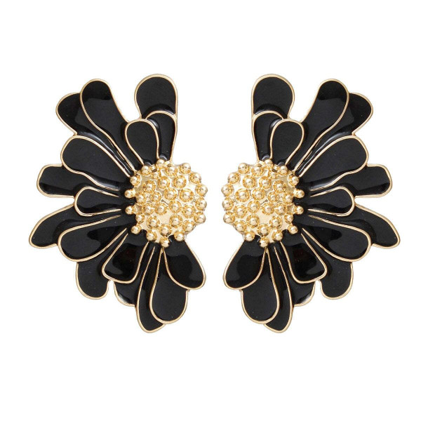 Studs Black Half Daisy Flower Earrings for Women T226-9485271630143