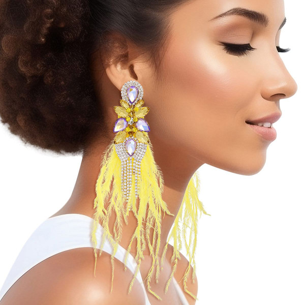 Tassel Yellow Feather Glass Earrings for Women T226-9485292011839