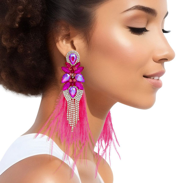 Tassel Fuchsia Feather Glass Earrings for Women T226-9485291684159