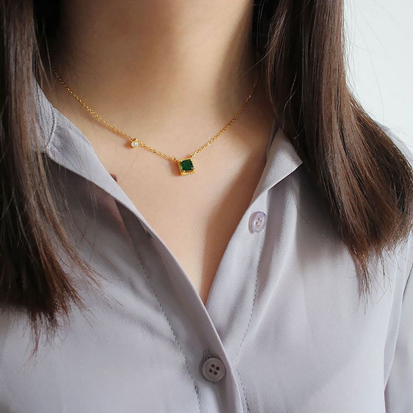 Fashion Green Square CZ 925 Sterling Silver Golden Necklace R866-HFH_554970415237