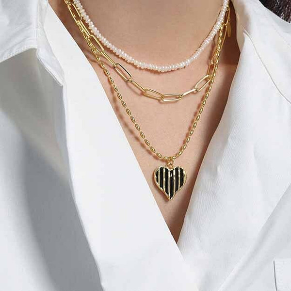 Fashion Irregular Black Epoxy Heart 925 Sterling Silver Necklace R866-HFH_650377715844