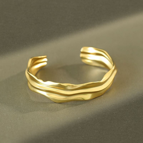 Irregular Folds 925 Sterling Silver Open Bangle R866-HFH_620049620137
