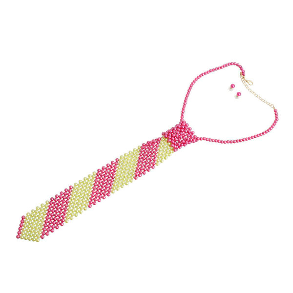 Pink Lime Pearl Stripe Tie Choker T226-9485581779263
