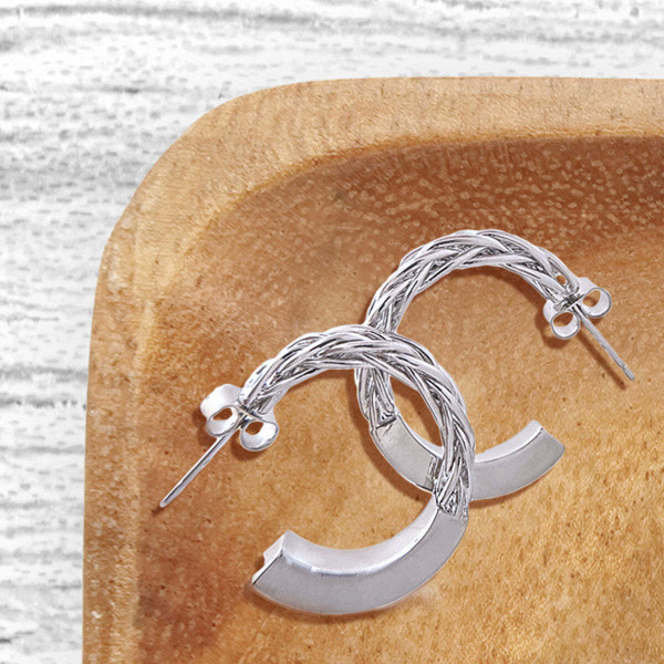 14K White Gold Braided Post Hoops T226-9485421674815
