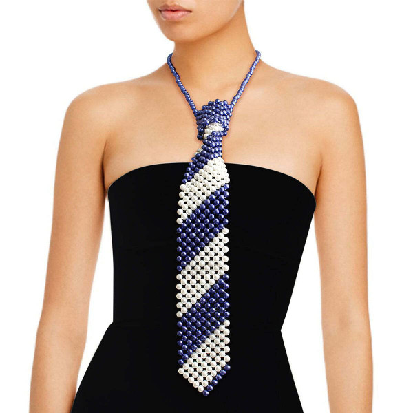 Zeta Blue White Pearl Stripe Tie Choker T226-9485274382655