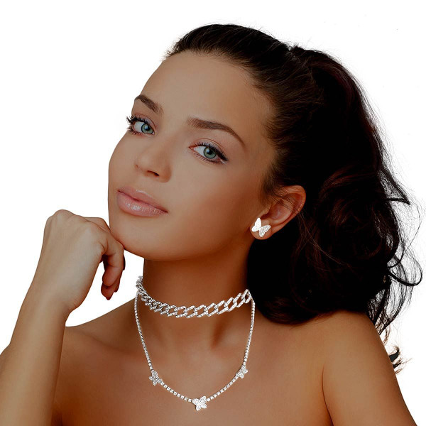 Silver Rhinestone Butterfly Station 2Pc Set T226-9485646659903
