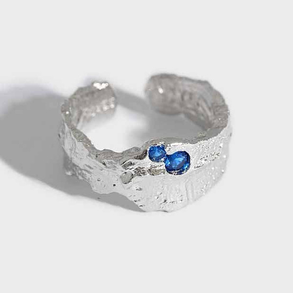 Fashion Irregular Texture Blue CZ 925 Sterling Silver Adjustable Ring R866-HFH_629096077136