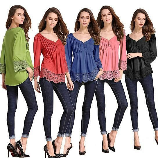 Size: MEDIUM,Blouse Color: COASTAL BLUE - Explora Tops In Pretty Pintucks And Breezy Lace Details K290-37120600464