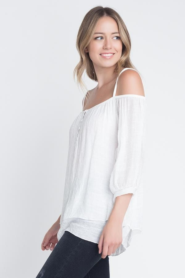 Women's 3/4 Sleeve Cold Shoulder Buttoned Top T396-MM319714-WHT-S