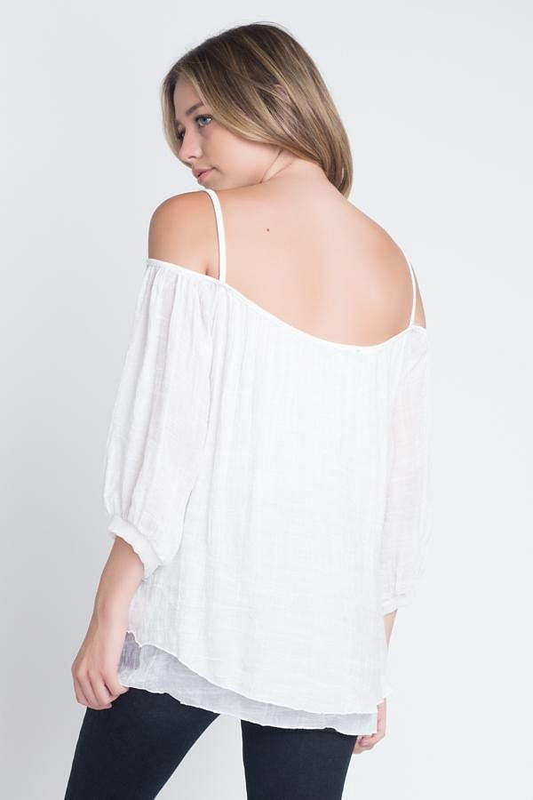 Women's 3/4 Sleeve Cold Shoulder Buttoned Top T396-MM319714-WHT-S