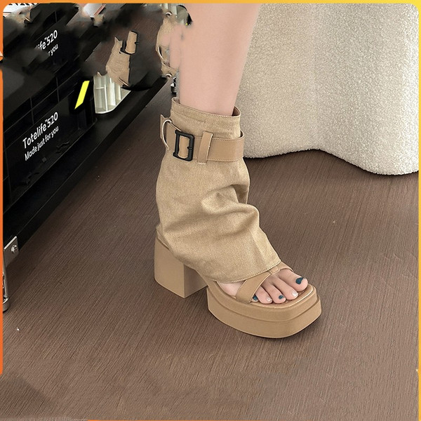 Color: Upgraded Version Apricot, Size: 37 - Super Soft Platform High Heel Sandal Boots Women's Open Q119-CJYD207119309IR