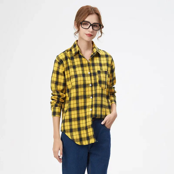 Color: Yellow, Size: L - Fresh Flannel Plaid Shirt Women 2025 New Female Blouses and Tops Cotton Lo F640-12000043090882750