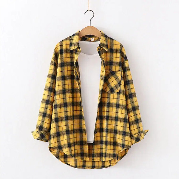 Color: Yellow, Size: L - Fresh Flannel Plaid Shirt Women 2025 New Female Blouses and Tops Cotton Lo F640-12000043090882750