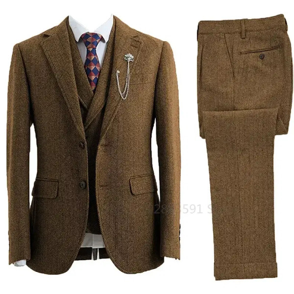 Color: Champagne, Size: XXXL - 3 Piece Men Suit Tweed Herringbone Double-Breasted Wedding Tuxedos S F640-12000040885311305