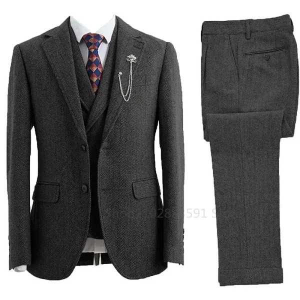Color: Champagne, Size: XXXL - 3 Piece Men Suit Tweed Herringbone Double-Breasted Wedding Tuxedos S F640-12000040885311305