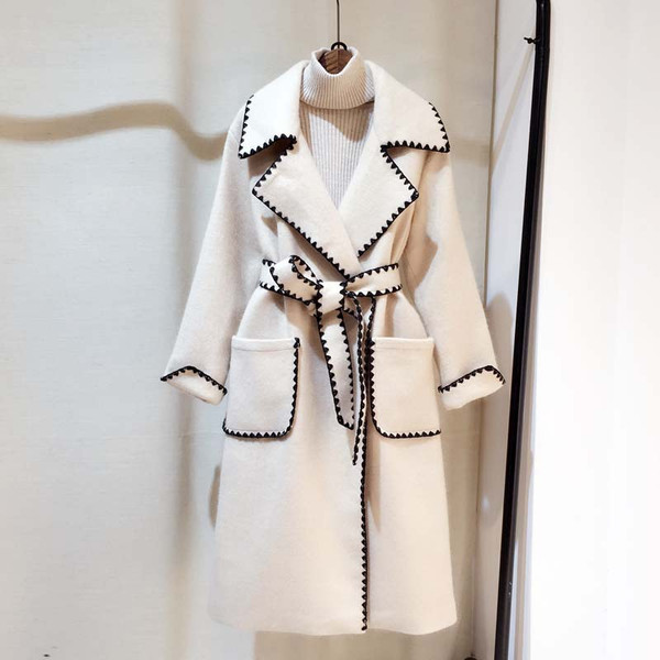 Color: White, Size: S - Wave edge suit collar long wool coat Korean slim tie coat Q119-CJNSWTFY00344-White-S