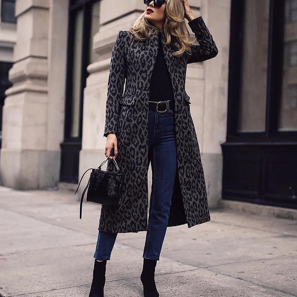 Coat Mid-length Black With A Turn-down Collar Leopard Print Top Q119-CJQB2151591