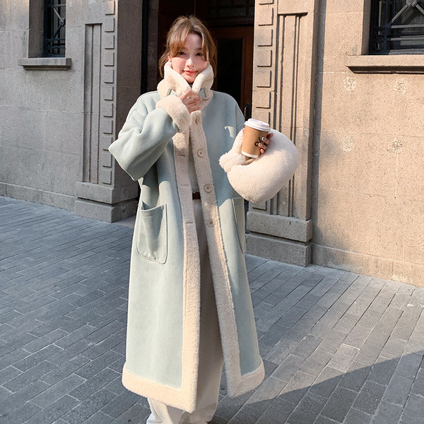 Women's Stand Collar Loose Stitching Design Sweet Cool Long Fur Coat Q119-CJQB2007550