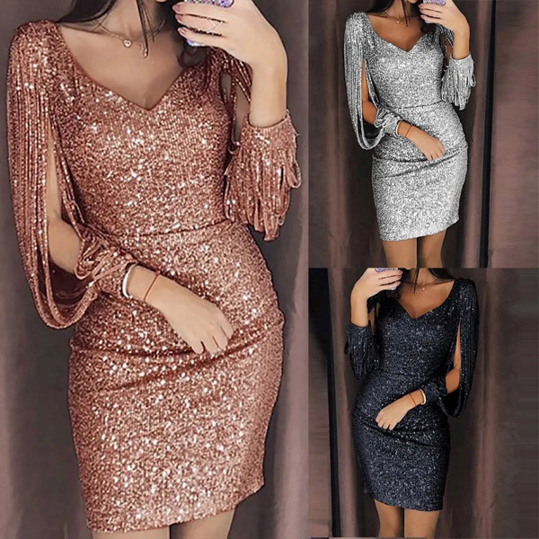 Color: Silver, Size: L, Ships From: CN - 2024 New Women Sexy Dresses Glitter Sparkly Sequin Tassel  F640-12000042189190432