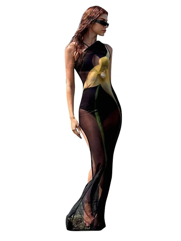 Color: black, Size: L - CUTENOVA Sexy Sleeveless One Shoulder Printed See Through Mesh Dresses For  F640-12000038449261435