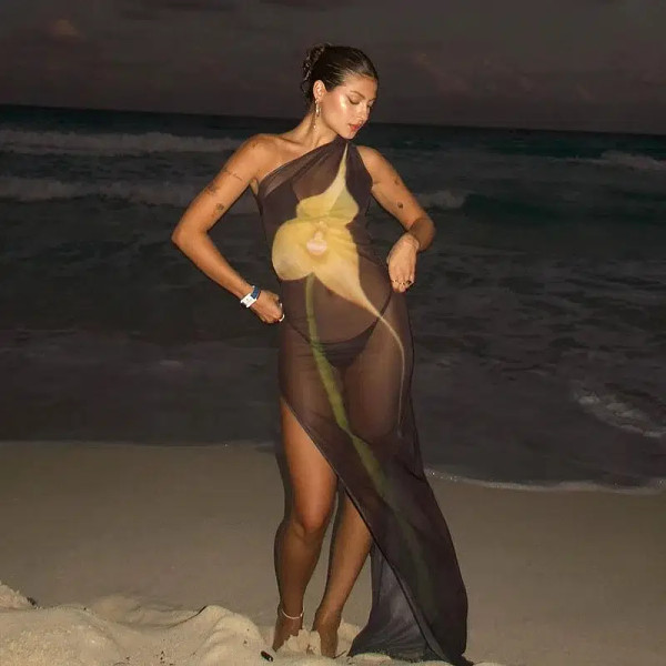Color: black, Size: L - CUTENOVA Sexy Sleeveless One Shoulder Printed See Through Mesh Dresses For  F640-12000038449261435