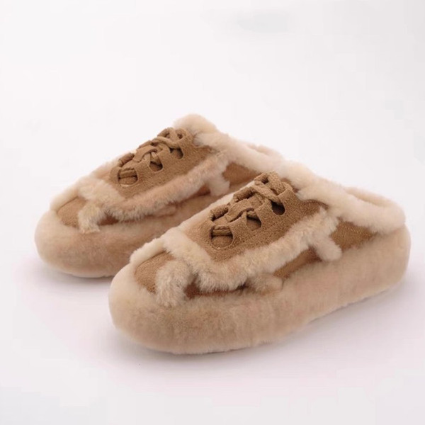 Color: Khaki Slippers, Size: 38 - Outerwear Lamb Wool Thick Sole Half Slippers Women Q119-CJYD214994104DW