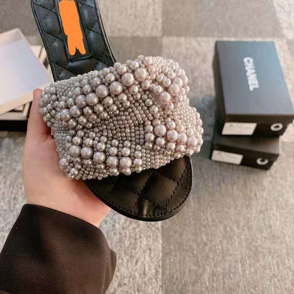 Small Fragrant Leather One-word Pearl Slippers Women Sandals For Outer Wear Q119-CJNS1212329