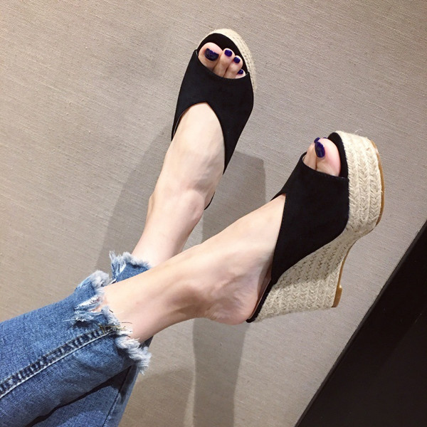 Women's Fashion Word Strap Peep Toe Suede Platform Platform Wedge Slippers Q119-CJYD2020463