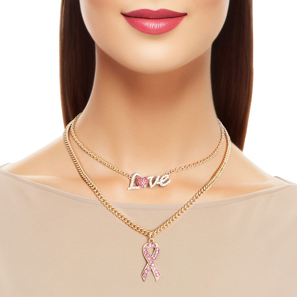 Gold Love Pink Ribbon Chain T226-9485430522175