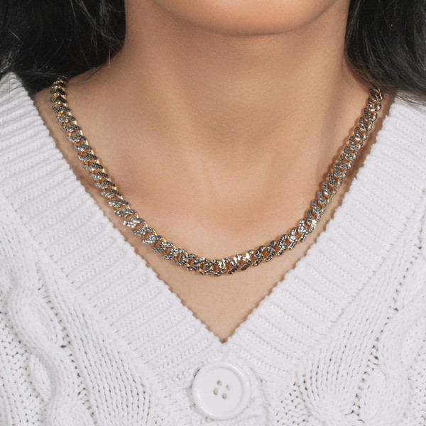 Size: 22'' - 14k Yellow Gold White Pave High Polish Modern Lite Miami Cuban Chain (8.00 mm) P150-05098-22