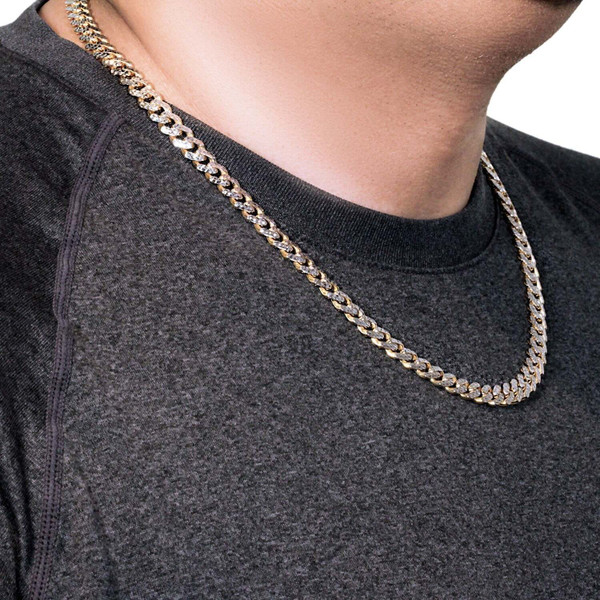 Size: 22'' - 14k Yellow Gold White Pave High Polish Modern Lite Miami Cuban Chain (8.00 mm) P150-05098-22