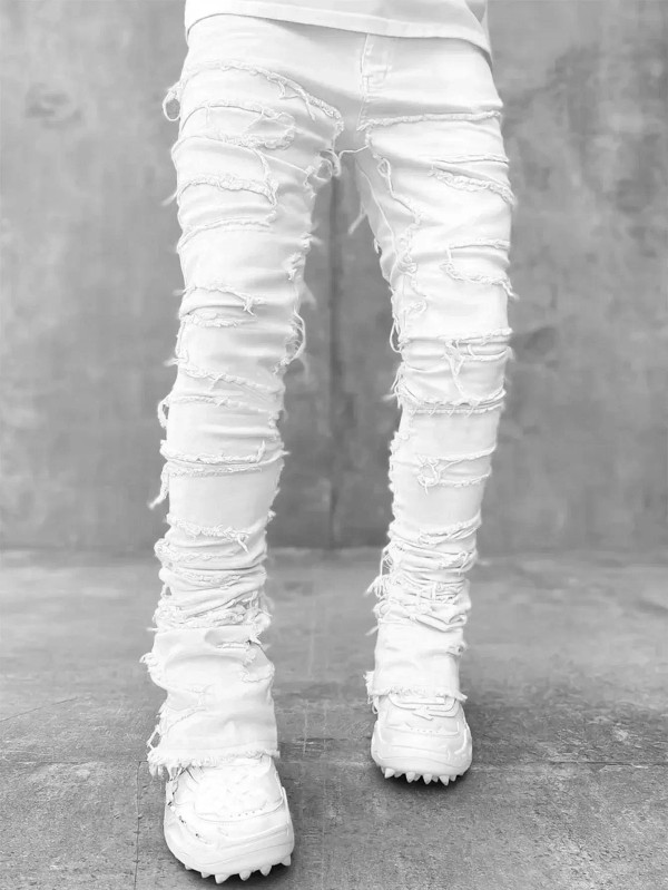 Color: SKY BLUE, Size: S - Men's Regular Fit Stacked Jeans Ripped Slim Fit Patch Distressed Destroy F640-12000041500299357