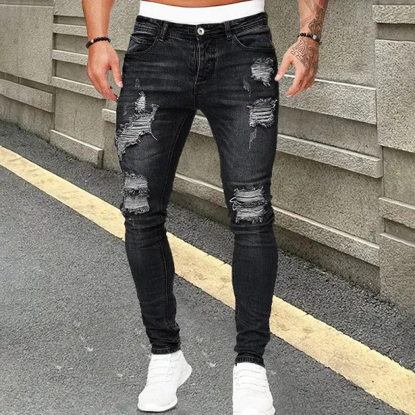 Color: Dark Grey, Size: L, Ships From: CHINA - Men's Punk Hip Hop Black Fashion Jeans Spring summer F640-12000040453751914