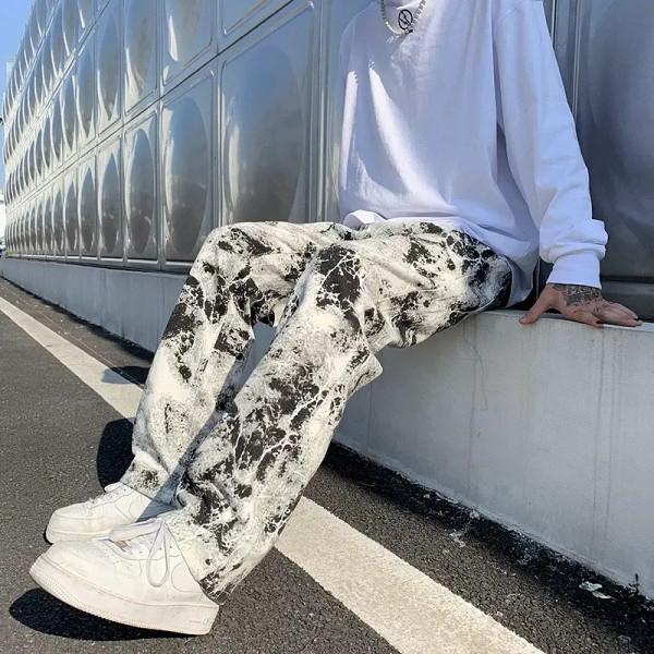 Color: black, Size: 5XL - Printed jeans Unisex Elastic waist Spring 2025 Mopping Trousers Jeans Men F640-12000027519965459